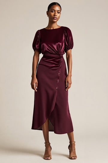 Burgundy Midi Sheath Wedding Guest Dress with Puff Sleeves